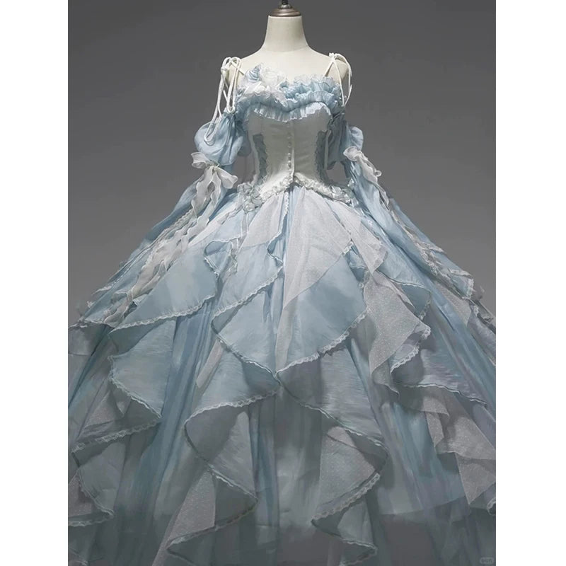 Flora Muse - Floral Lolita Ball Gown - Blue off-shoulder formal