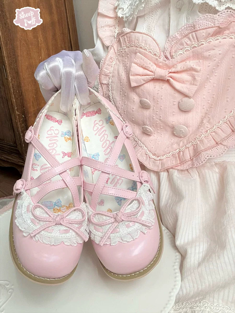 Sheep Puff Little Maid low heel Lolita shoes featuring a cute sheep puff design and classic style for elegant fashion.