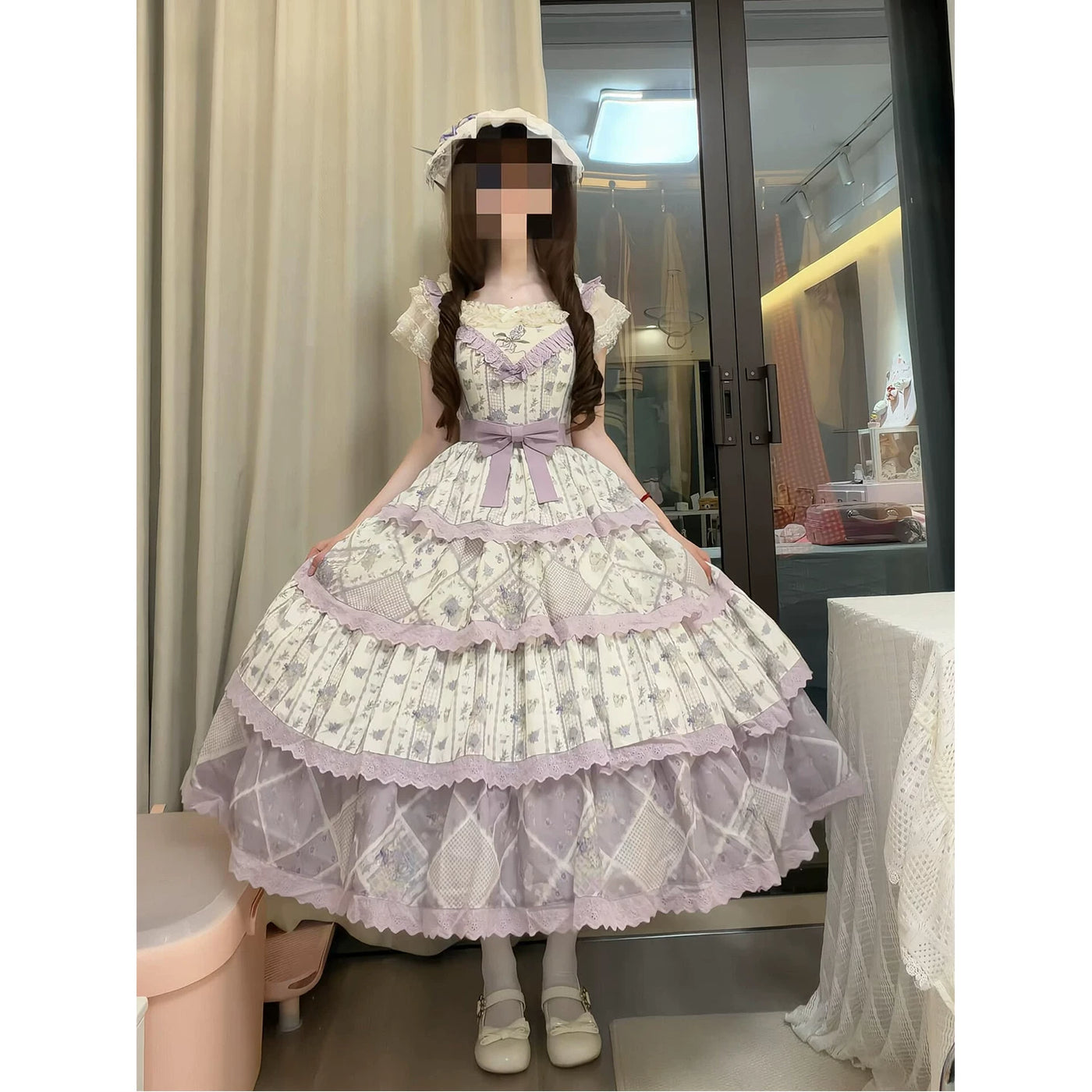 Creamy - Purple Garden - Purple JSK Dress with Belt and Bow