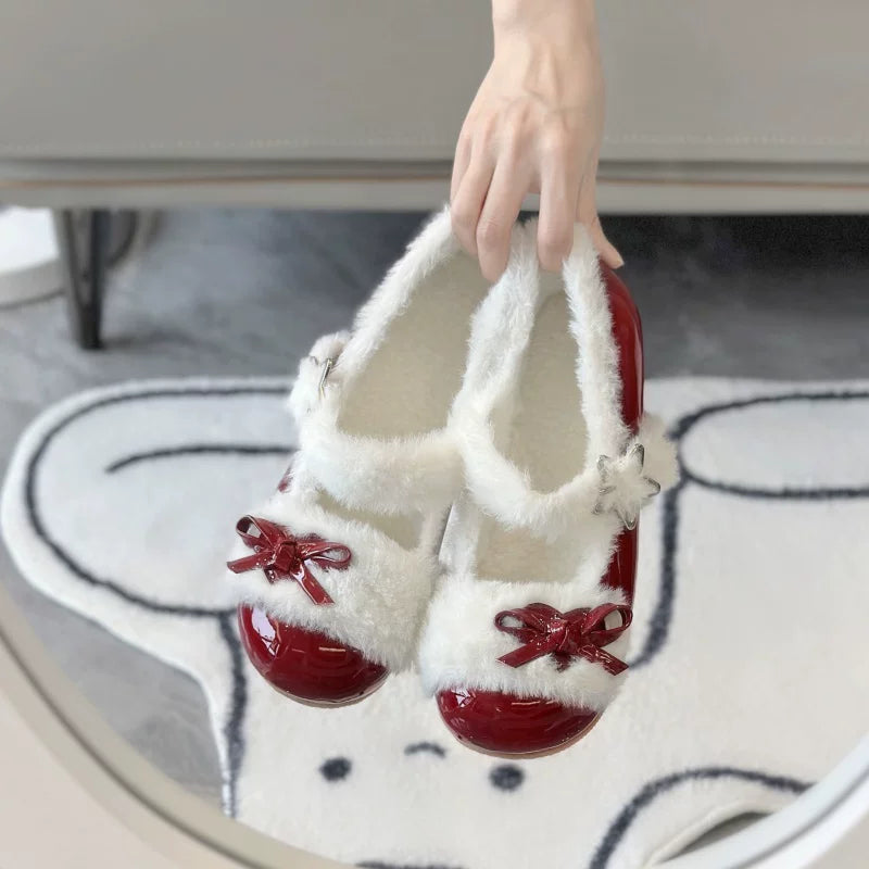 Xiao Xin Xin Fleece-Lined Plush Flat Winter Shoes — Burgundy