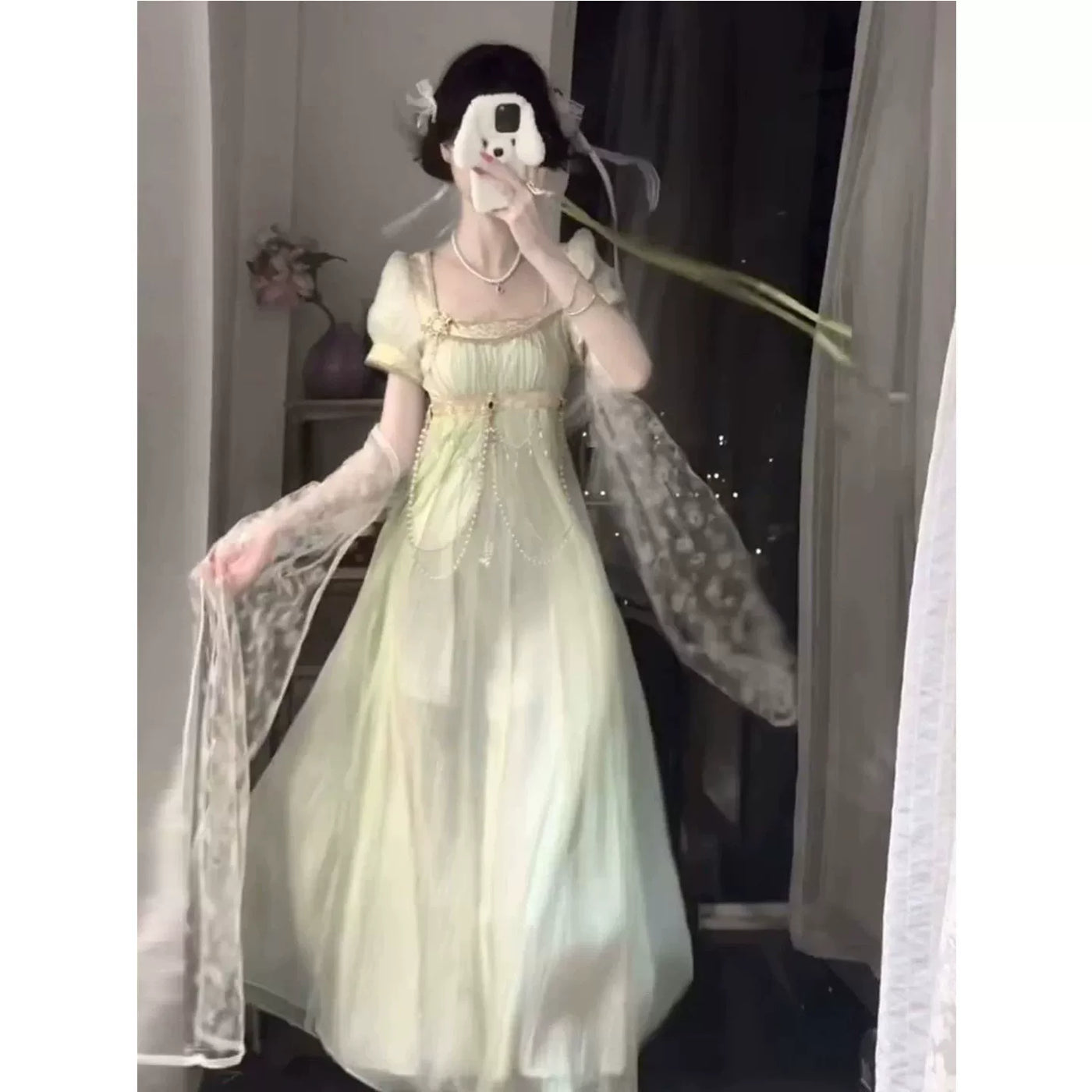 Creamy - Courtly Empire - Green OP Dress with Puff Sleeves and Waist Chain