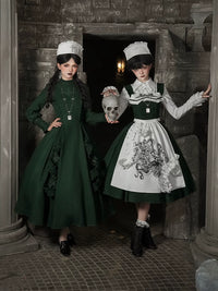 With PUJI - Abyss Clinic - Gothic Lolita Green Dress Set, Embroidery Accent - Adjustable Strap Embroidered Green JSK In Stock / S