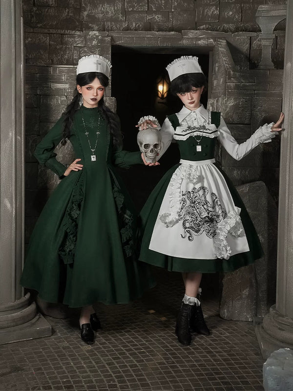 With PUJI - Abyss Clinic - Gothic Lolita Green Dress Set, Embroidery Accent product view