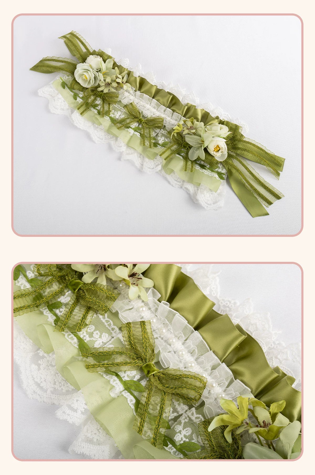 Stardust Rose - Lily of the Valley Woodland - Green Lace Lolita Headwear with Floral Ribbons