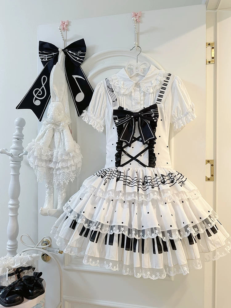 White Candy Tree musical sweet Lolita JSK with tiered ruffled skirt, center front bow, and musical note prints