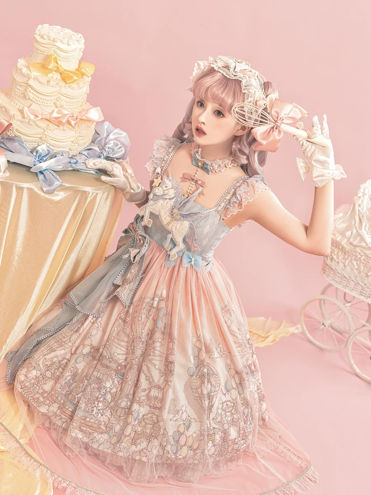 Designer's Gift - CloudPlay - Pastel Sweet Lolita JSK dress with carousel print and detachable waist bows - product detail 9