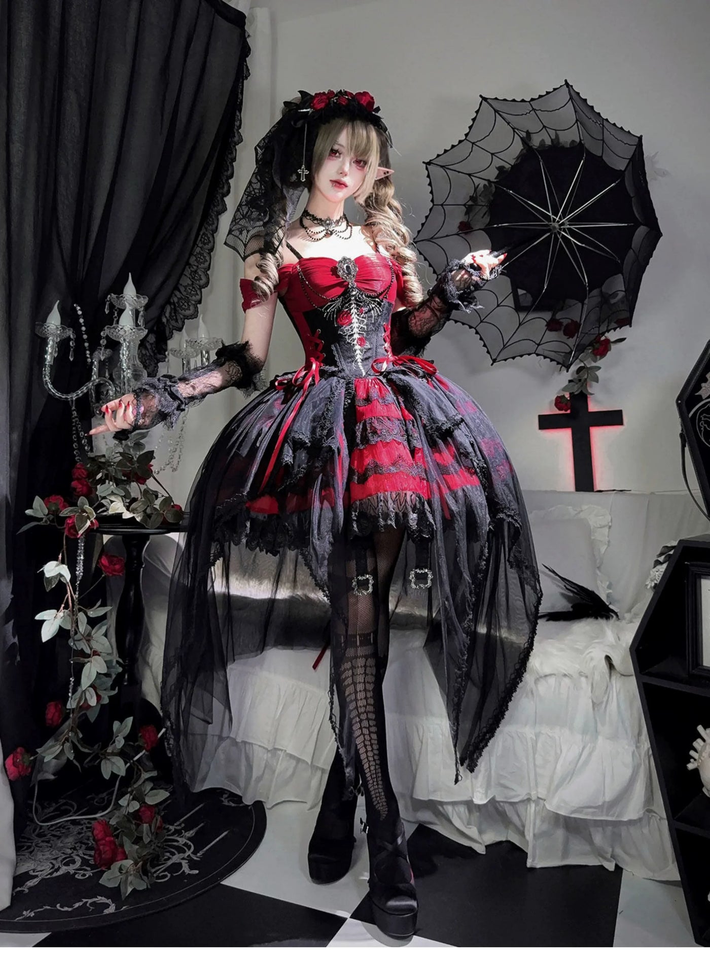 Letters from Unknown Star - Eternal Thorn of the Dragonbone - Embroidered Gothic Lolita JSK Dress, Off-Shoulder