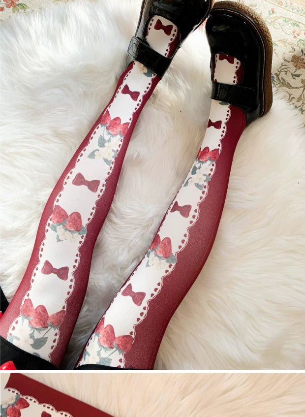 roji roji - Strawberry Ribbon - 120D Printed Tights with Strawberry and Bow Motifs