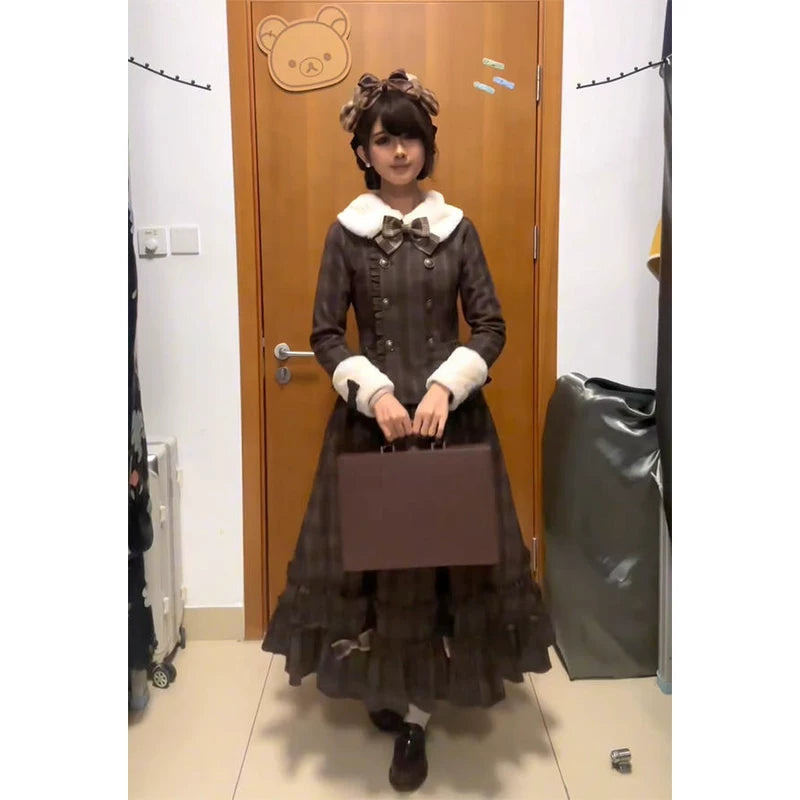 Creamy - Vintage Plaid - Brown Short Jacket and Long Skirt Set with a Plush Collar