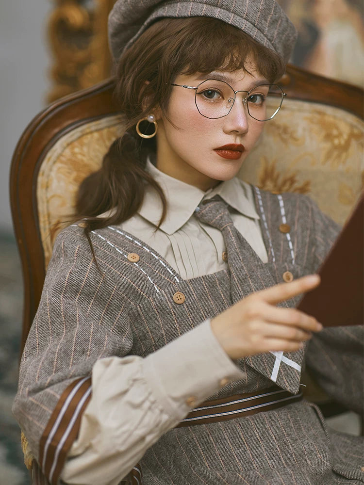 Baozi Pig - Detective Era - One-Piece Dress and Woolen Coat Set with Pinstripes