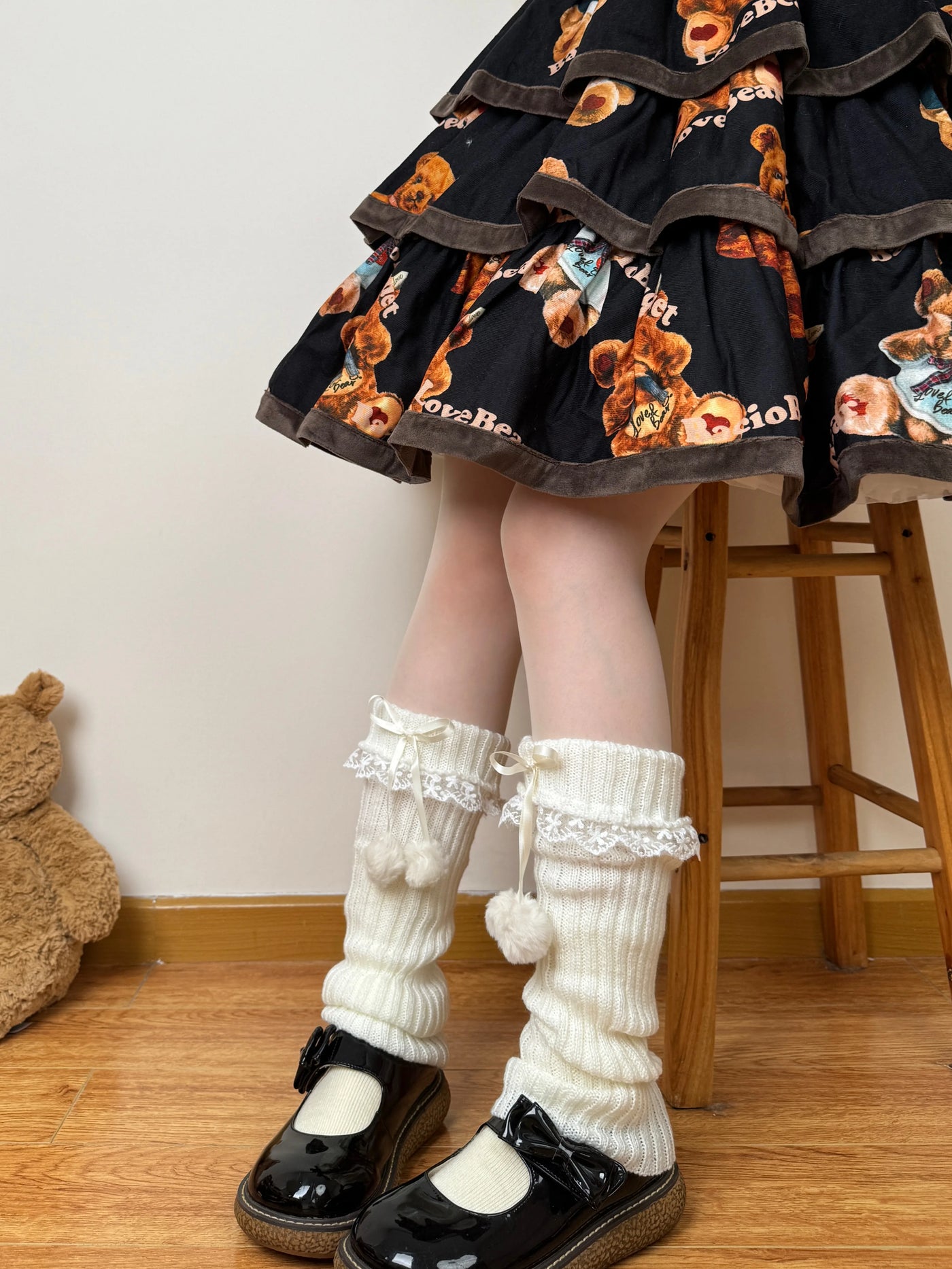 Chubby Bear Tales - Ribbon Knit - Scrunched Knit Leg-Warmer Socks with Ribbon Ties