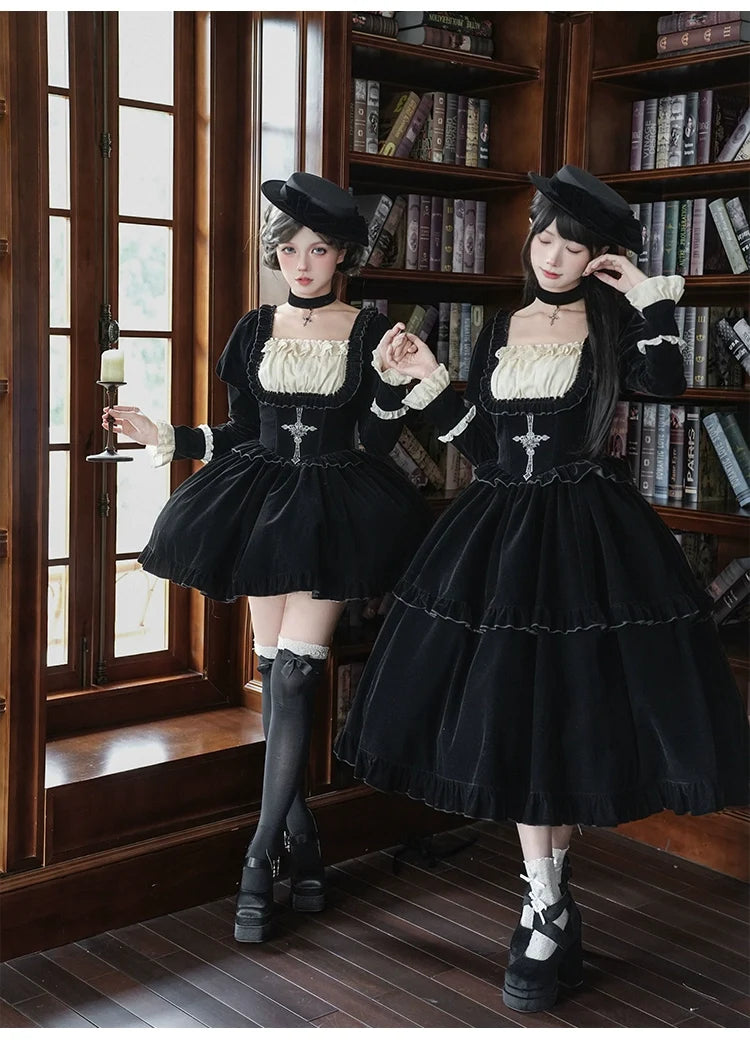 With PUJI - Apocalypse - Gothic Lolita Velvet OP Dress Set, Fishbone Waist
