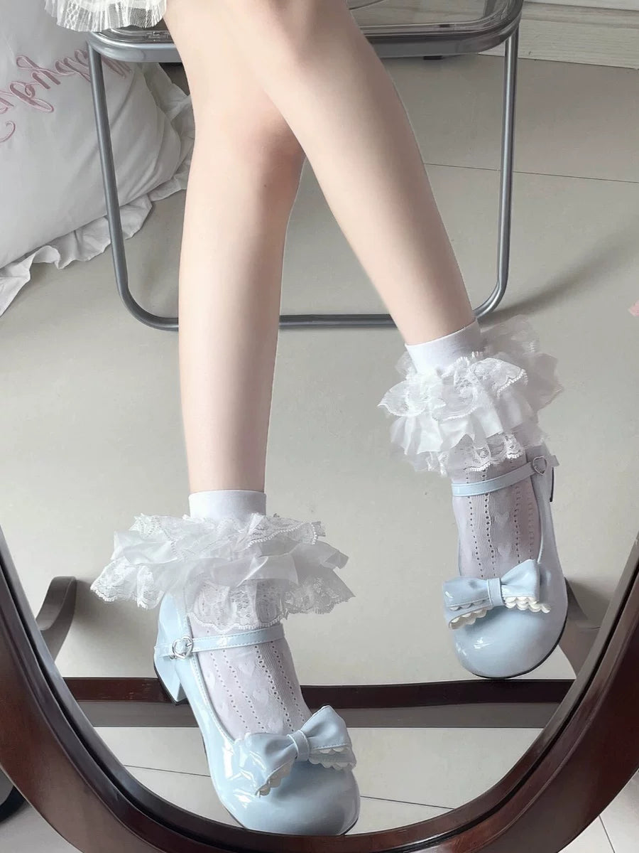 Fantasy Doll - Three-Layer Lace - White mid-calf socks with bow or heart details