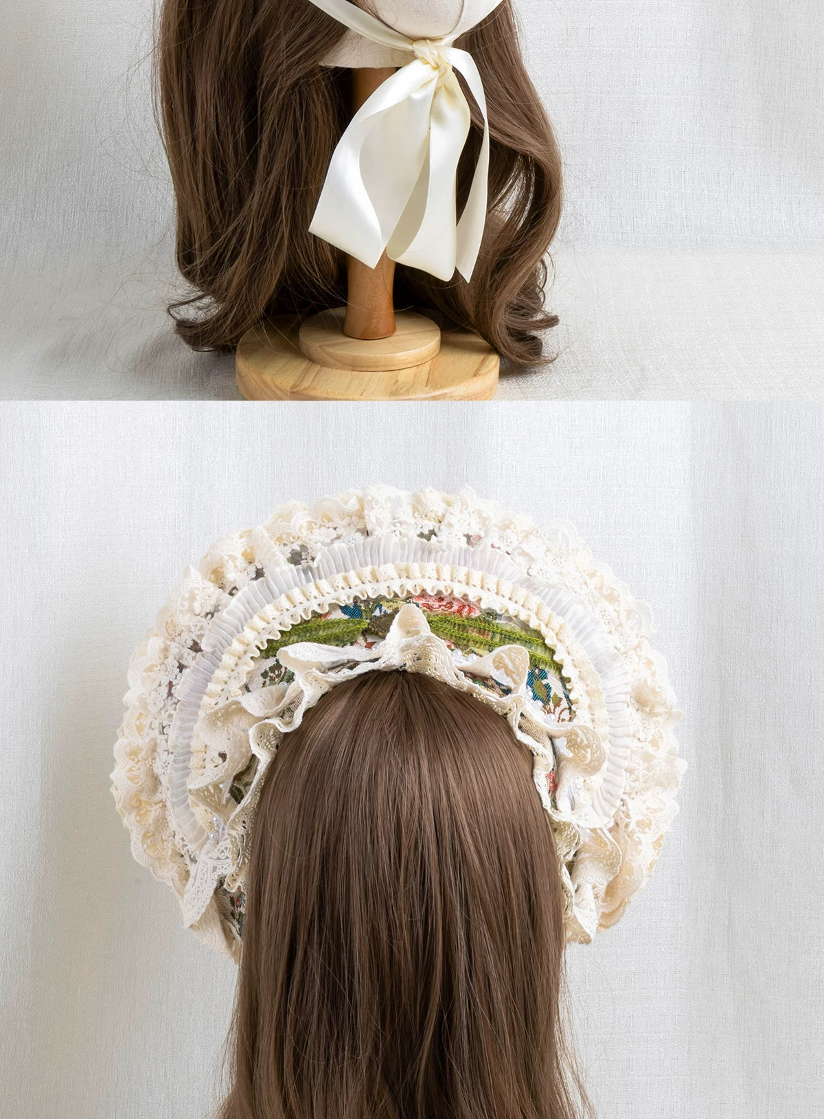 Lightbound Narrative - Manor Rose - Lace-trimmed flat hat or bonnet with floral accents