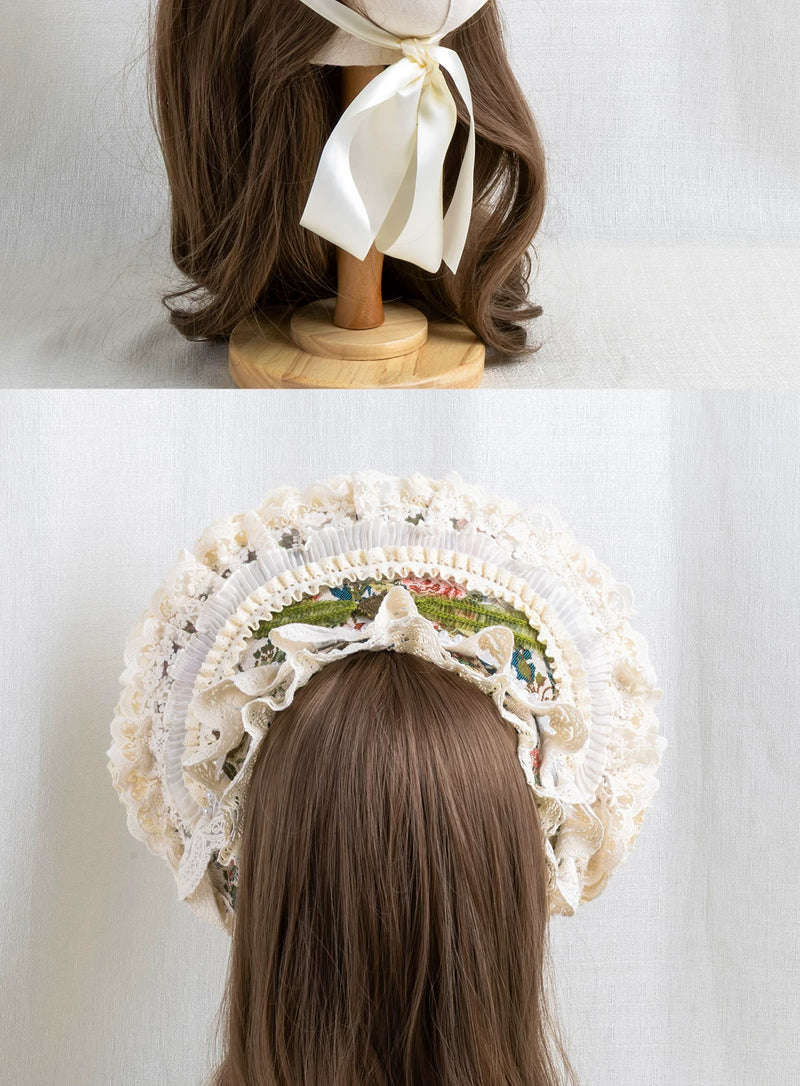 Lightbound Narrative - Manor Rose - Lace-trimmed flat hat or bonnet with floral accents