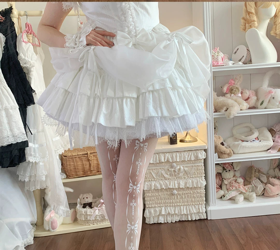 roji roji - Cross Covenant - White Cut-Anywhere Pantyhose with Cross and Bow Motifs