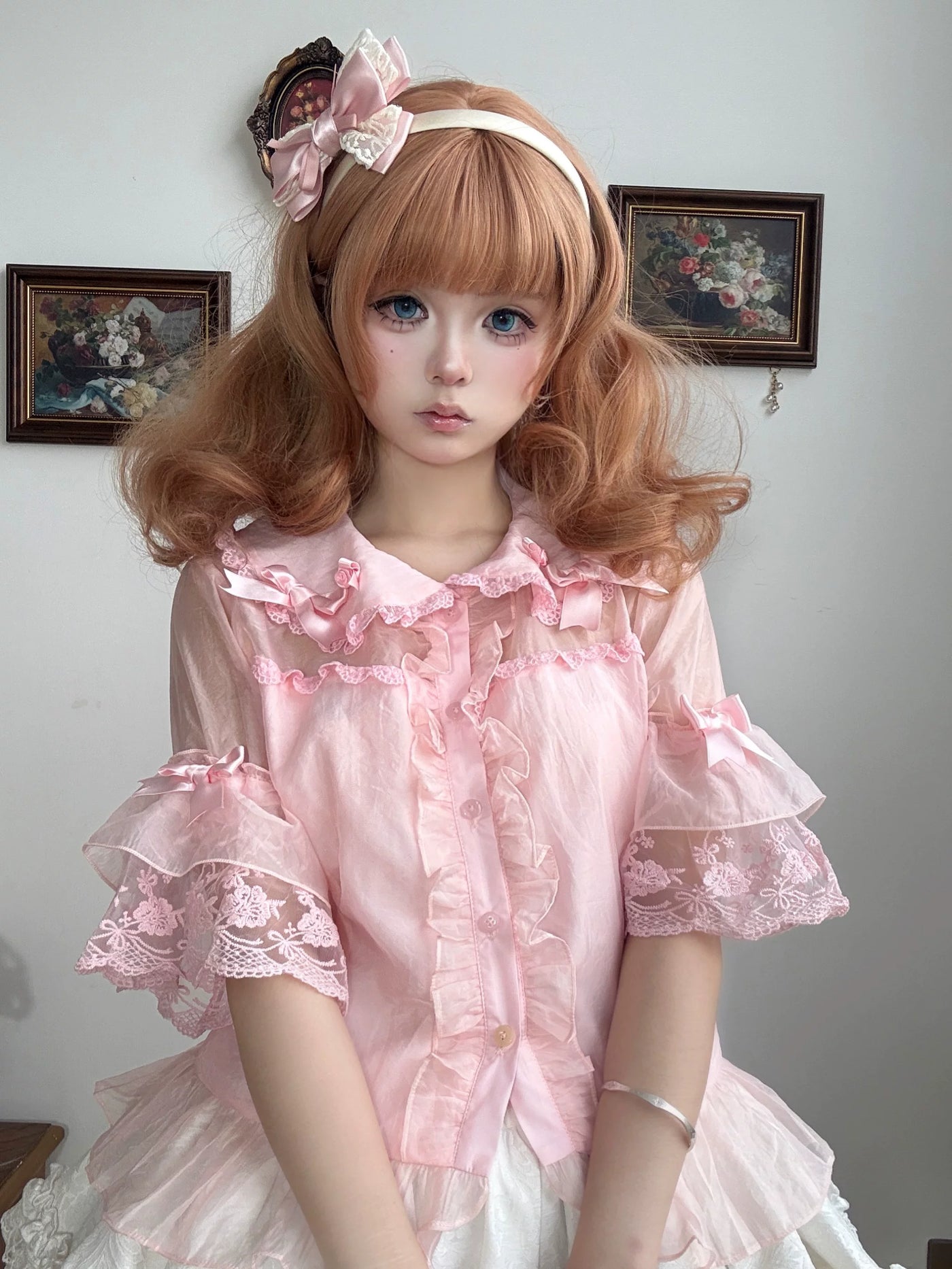 Tata Long Ear - Vintage Floral Wall - Pink chiffon blouse with a doll collar