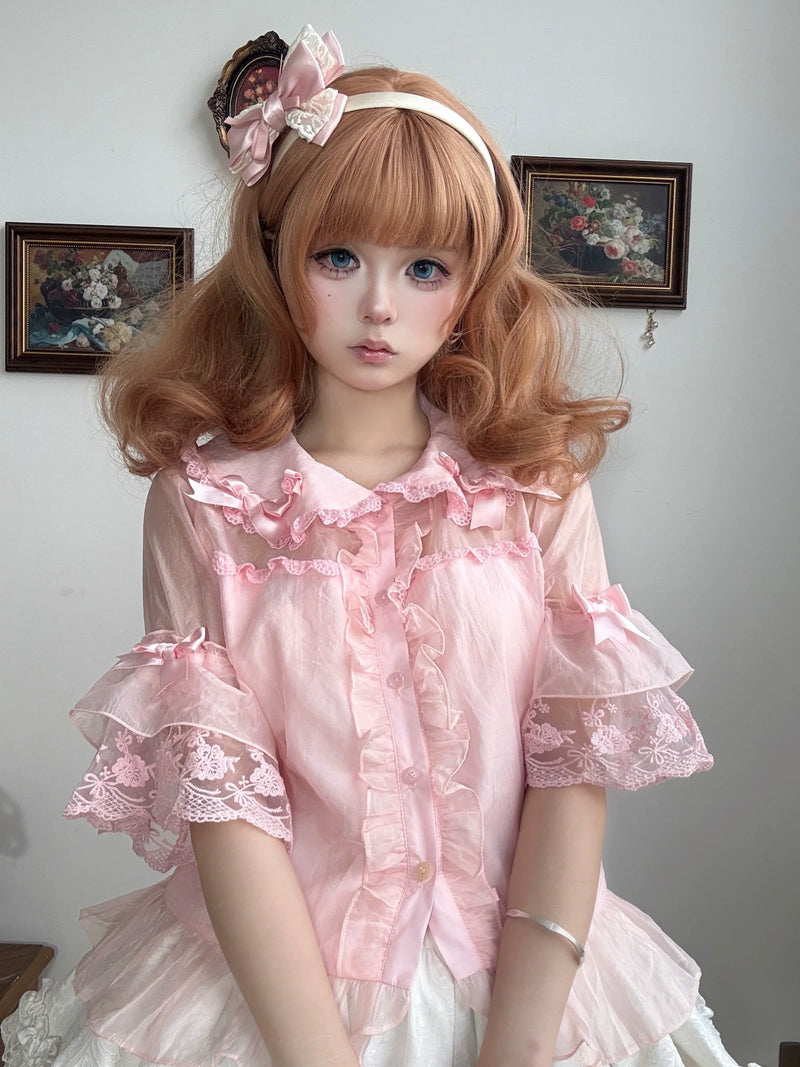 Tata Long Ear - Vintage Floral Wall - Pink chiffon blouse with a doll collar