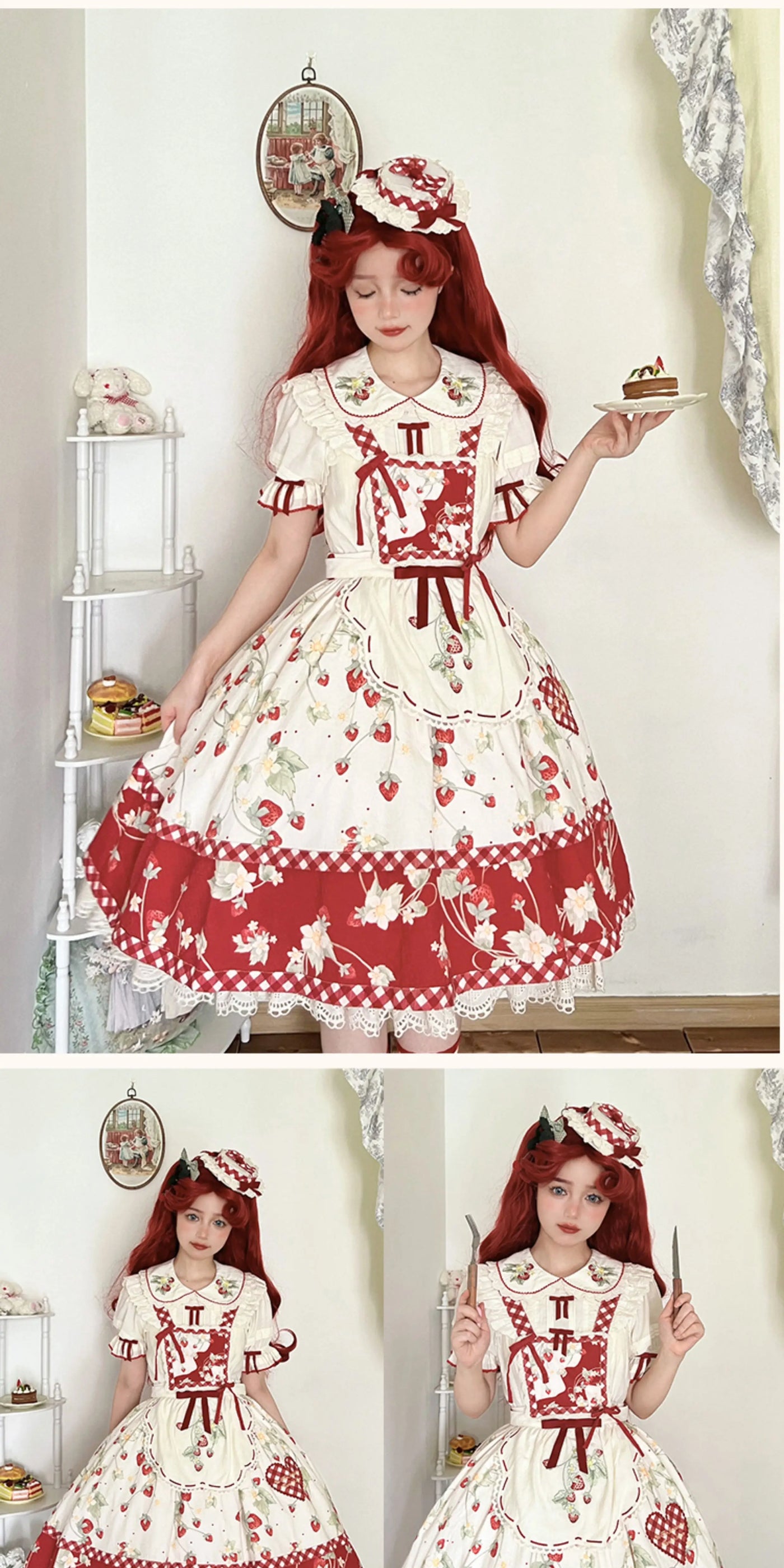 Baozi Pig - Strawberry Orchard - Short-Sleeve Lolita Blouse with a Strawberry-Embroidered Collar