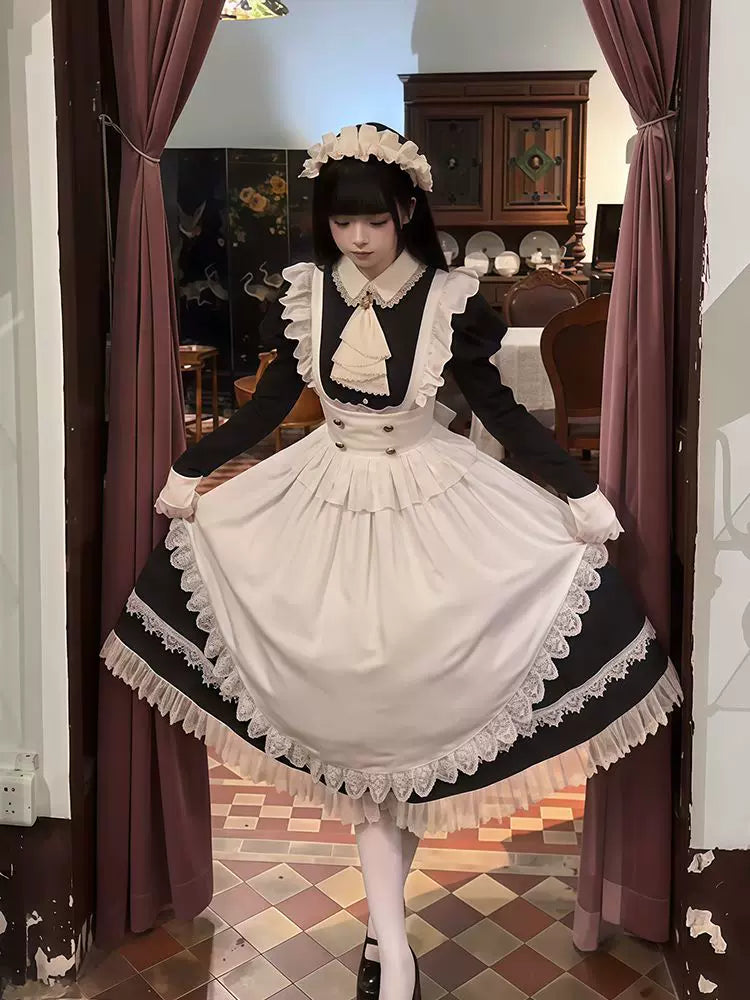 Creamy - Gothic Maid - Long-Sleeve One-Piece Dress and Apron Set with Lace Ruffles