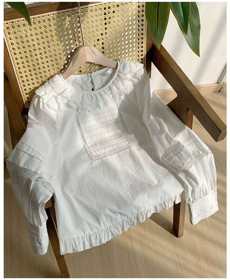 With PUJI - Jennie - Sweet Lolita Cotton Shirt, Ruffled Round Collar