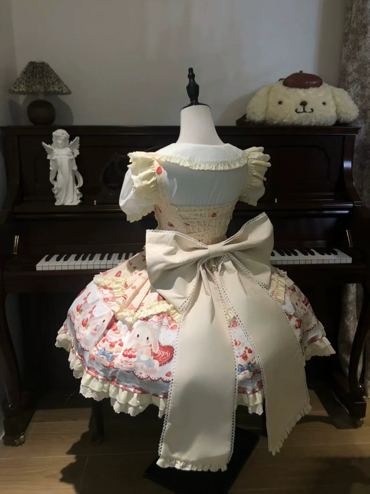 Bunny Party - Sweet Lolita JSK Dress, Cute Bunny & Cake Print Yellow Trailing Bow Only S