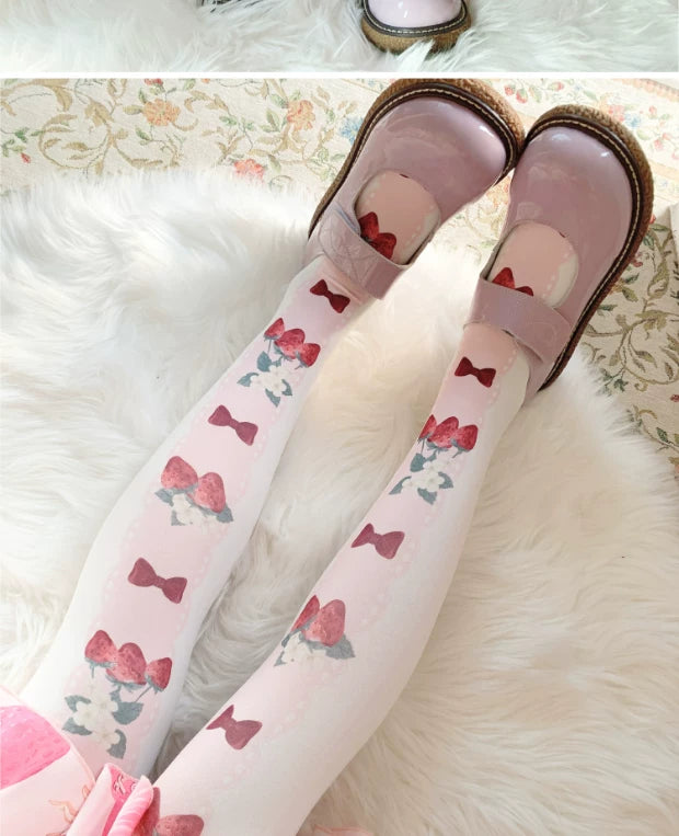 roji roji - Strawberry Ribbon - 120D Printed Tights with Strawberry and Bow Motifs