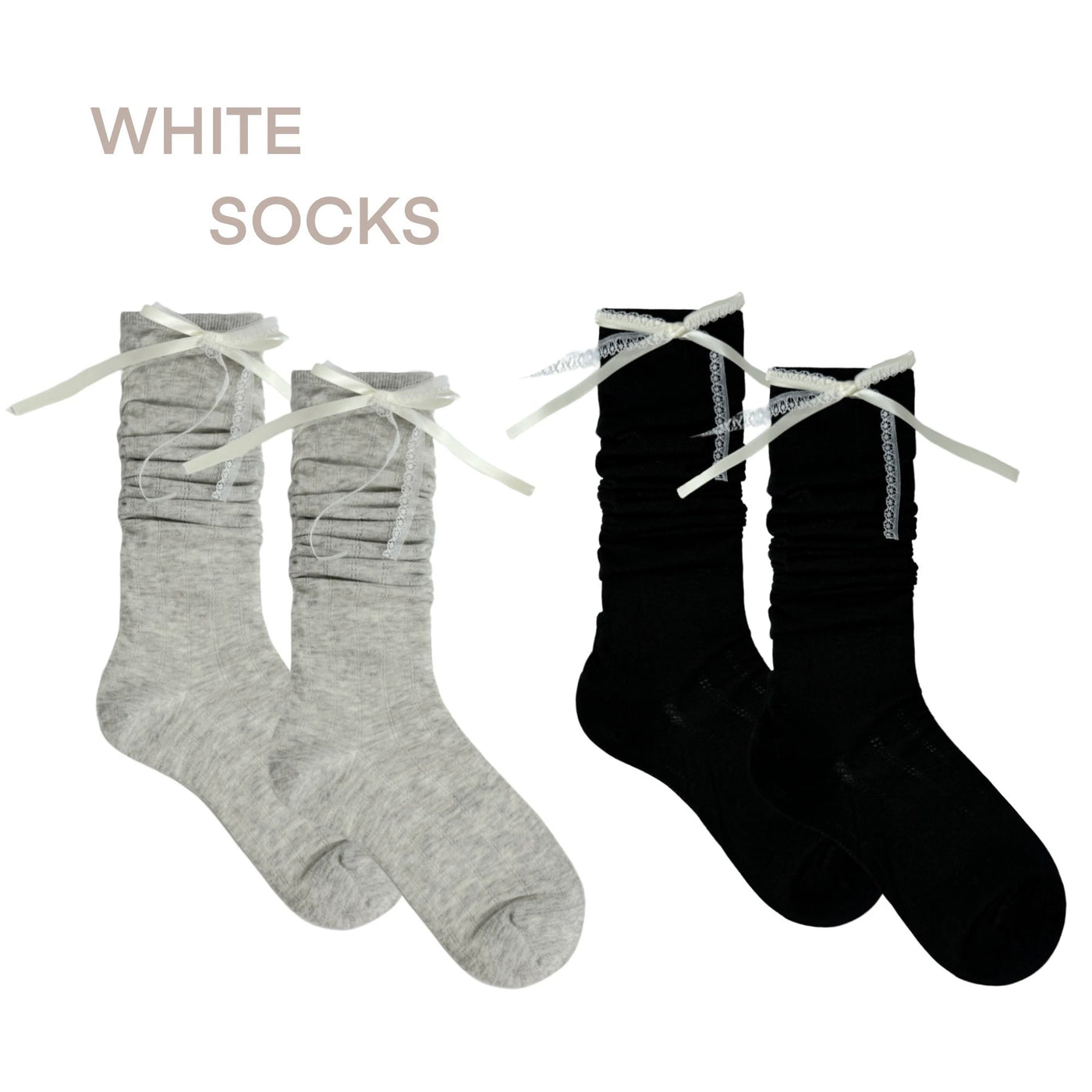 White Socks - Ballet Lace Slouch Socks - Long Socks with Lace Trim and Bow Details