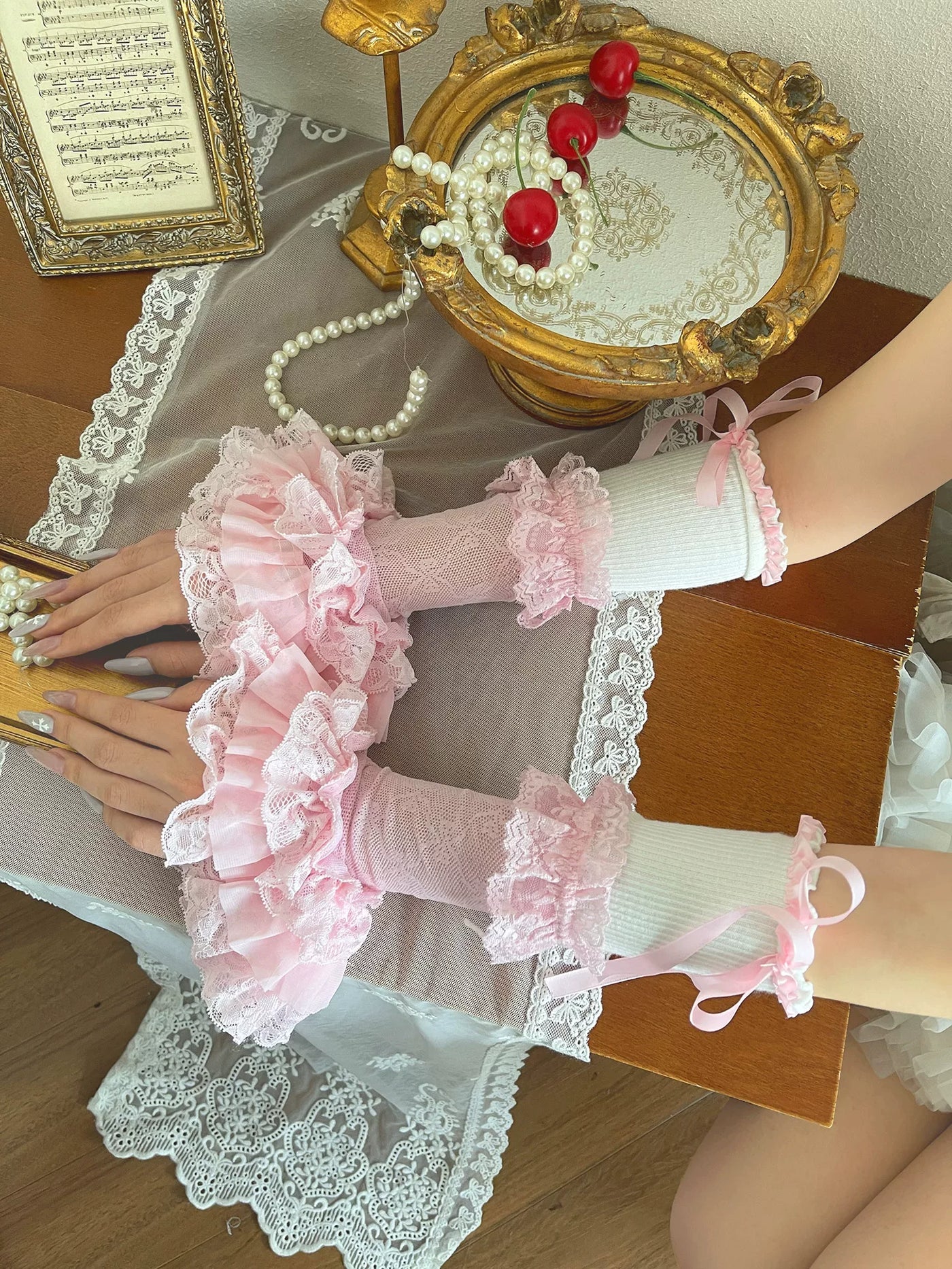 Sock Noble - Pink Patchwork Lace - Long Arm Sleeves with Lace Ruffles