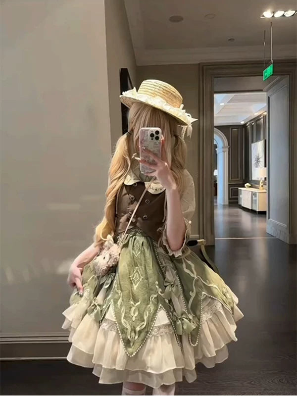 Creamy - Green Pastoral - Three-Piece Set with a Decorative Green Skirt Panel