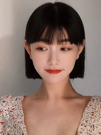 Kunkun Fish - Short Bob - blunt fringe full human-hair wig - Natural black with hair net
