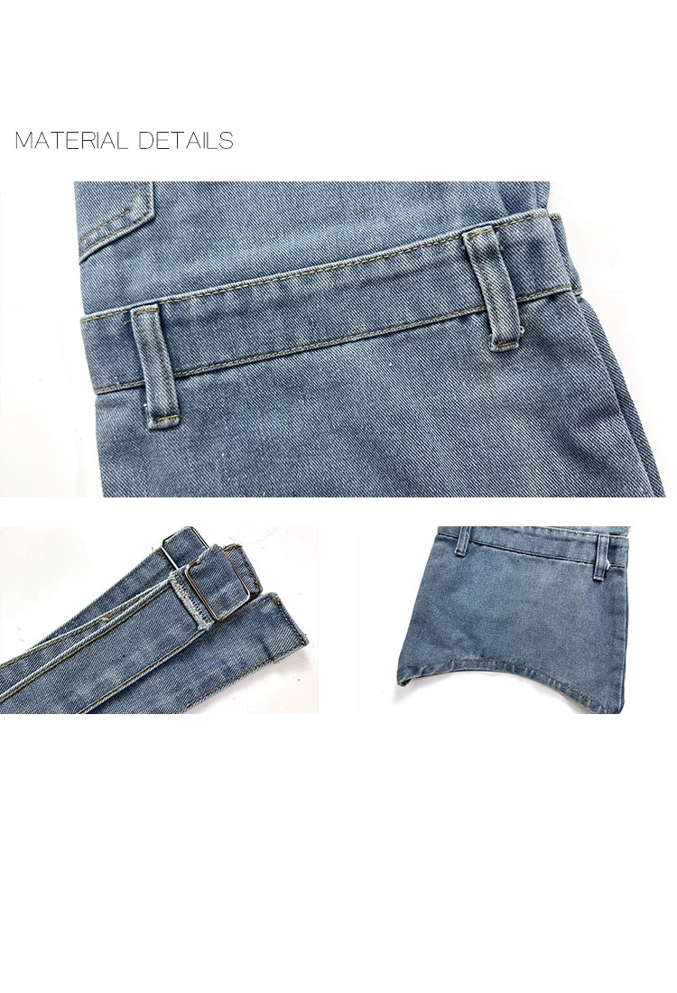 Denim-blue leg covers with layered straps and pocket panels styled over black platform shoes.