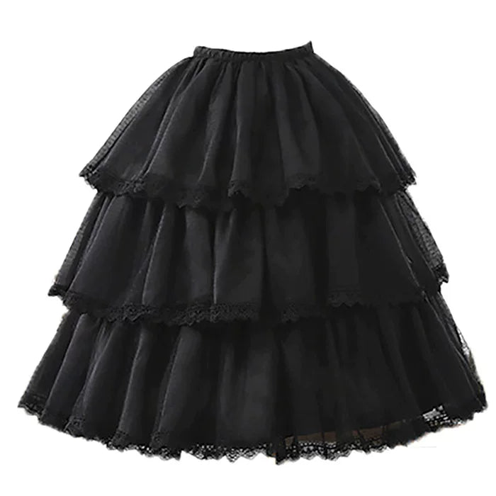 Lace-Trim Adjustable Hooped Lolita Petticoat - 70 cm — Black - Upgraded Version with Lace Layer & Cotton Lining