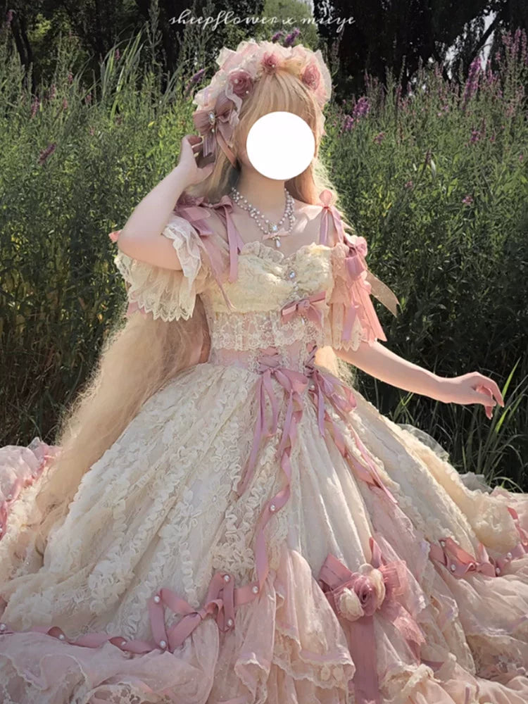 Flora Muse - Lolita Formal Gown - Long Tiered Dress with Lace Trim