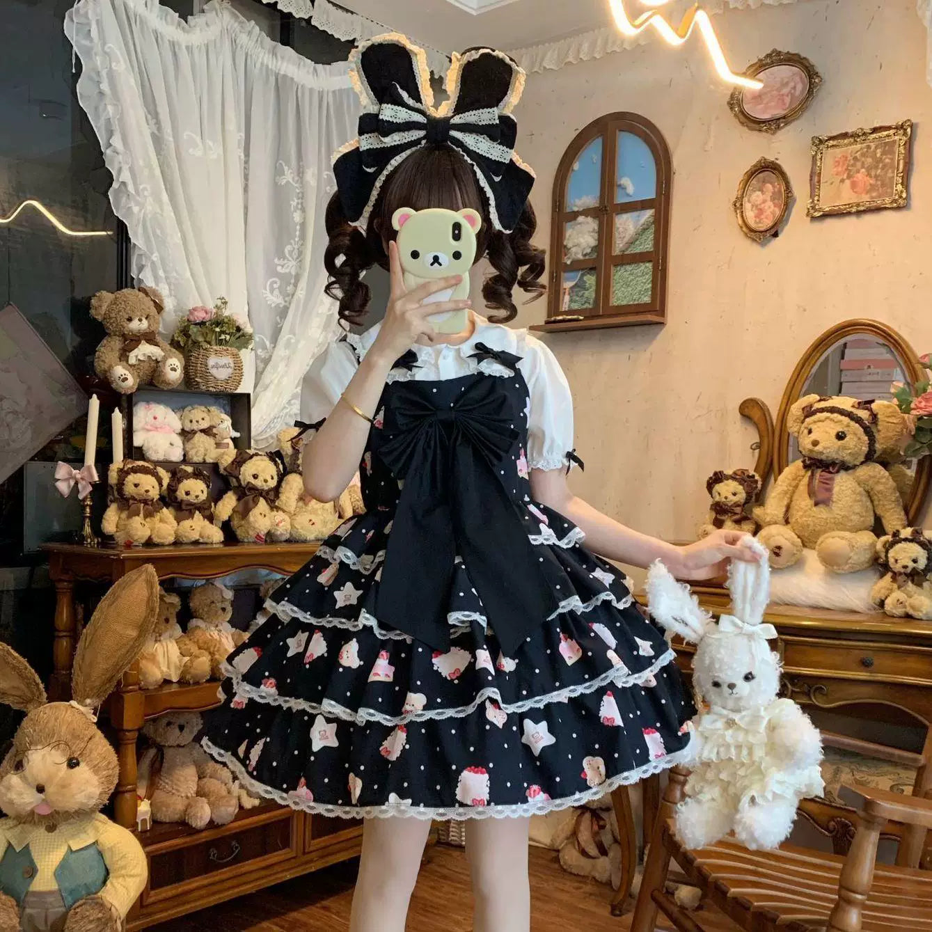 Sweetheart Dream Machine - Layered Sweet Dream - Lolita OP Dress with Tiered Ruffles and Bow Detail