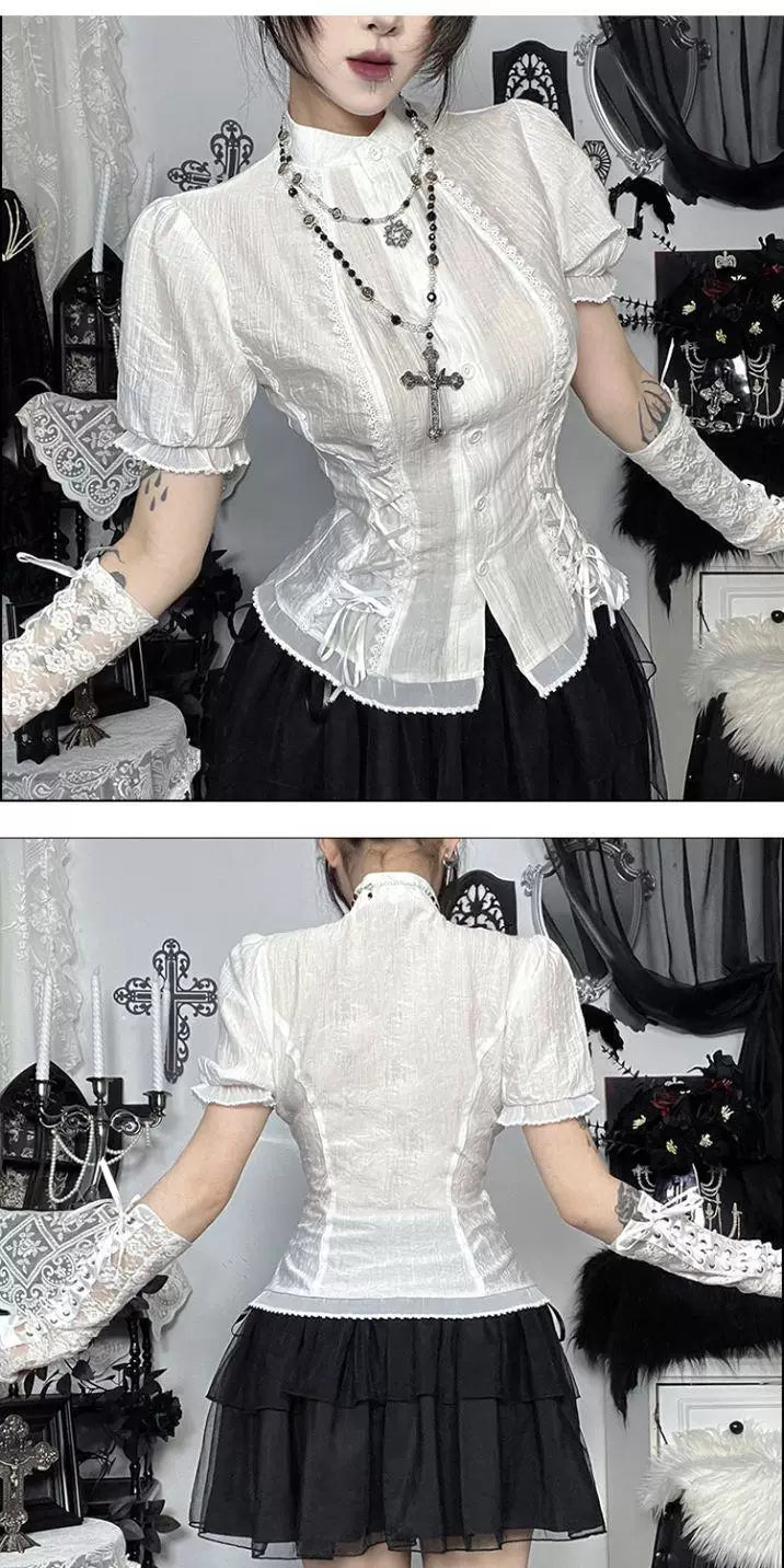High-Neck Lace-Trim Fitted Blouse - Fitted