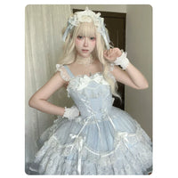 Zhijinyuan - Candy House - Lace-Trimmed Satin and Mesh JSK Dress - Blue JSK / S