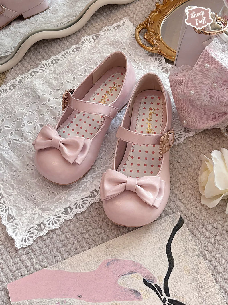 Sheep Puff Glossy Mid Heel Lolita Shoes featuring adorable sheep puff design and shiny finish, perfect for kawaii fashion.