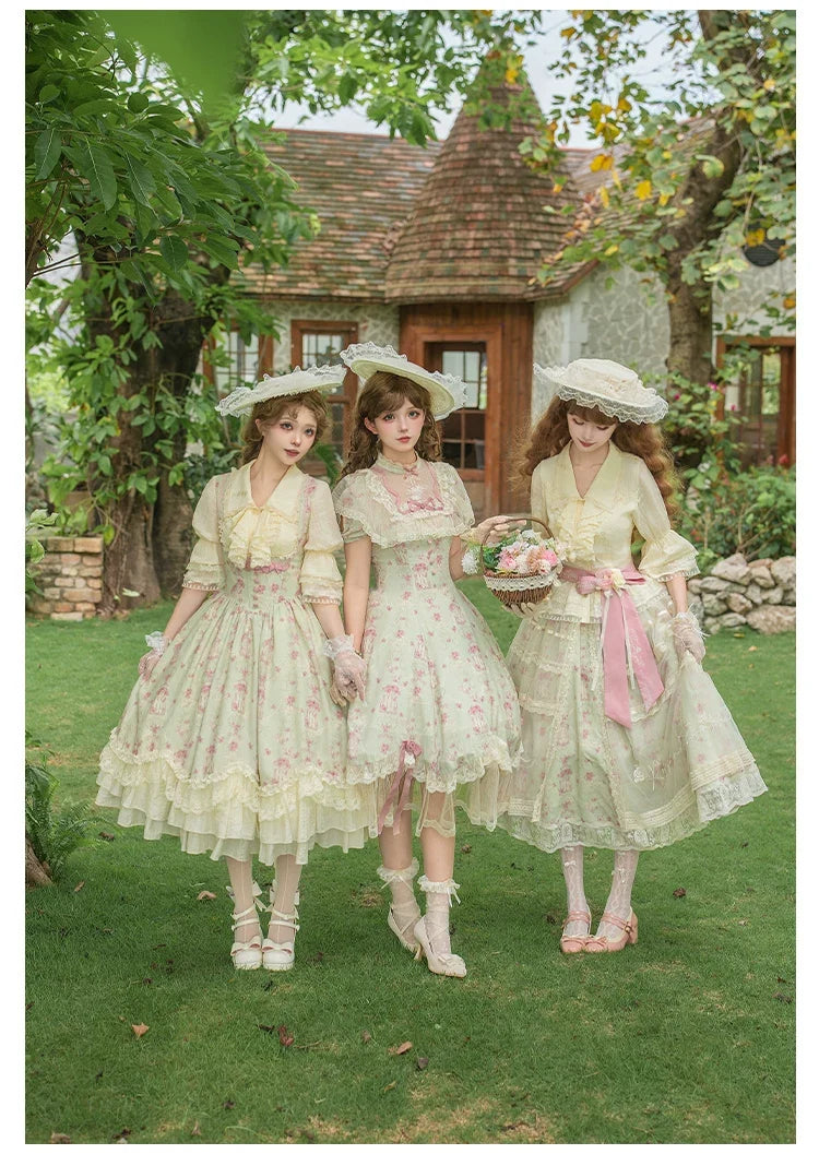 With PUJI - Wind Swept Roses - Classic Lolita Rose Printed Dress Set, Petal Hem
