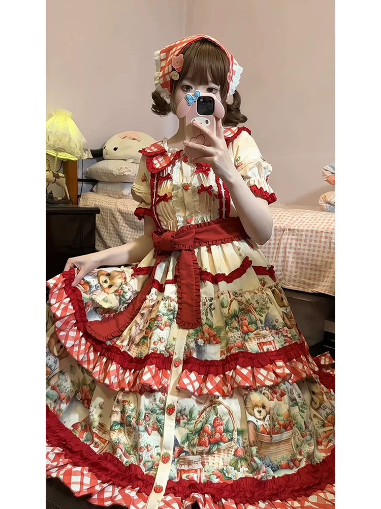 Dream Bunny - December Strawberry Field - Strawberry-Print One-Piece Dress with Red Gingham Ruffles