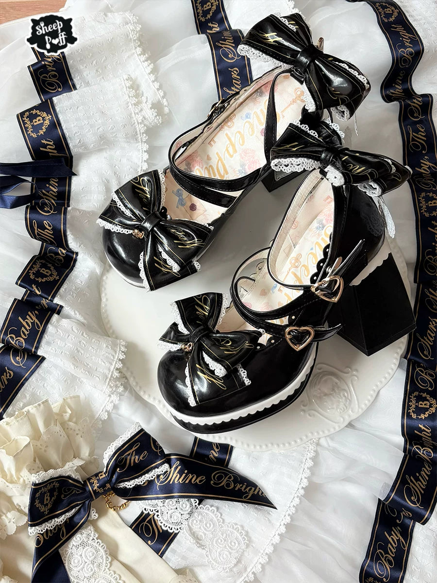 Sheep Puff Blessing Poem Lolita Heels, elegant shoes with detailed embroidery and a soft pastel color, stylish and feminine.