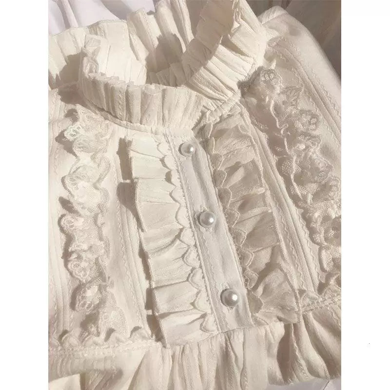 Sweetheart Dream Machine - Ruffled Jacquard - Off-White Long-Sleeve Blouse with Lace Ruffles