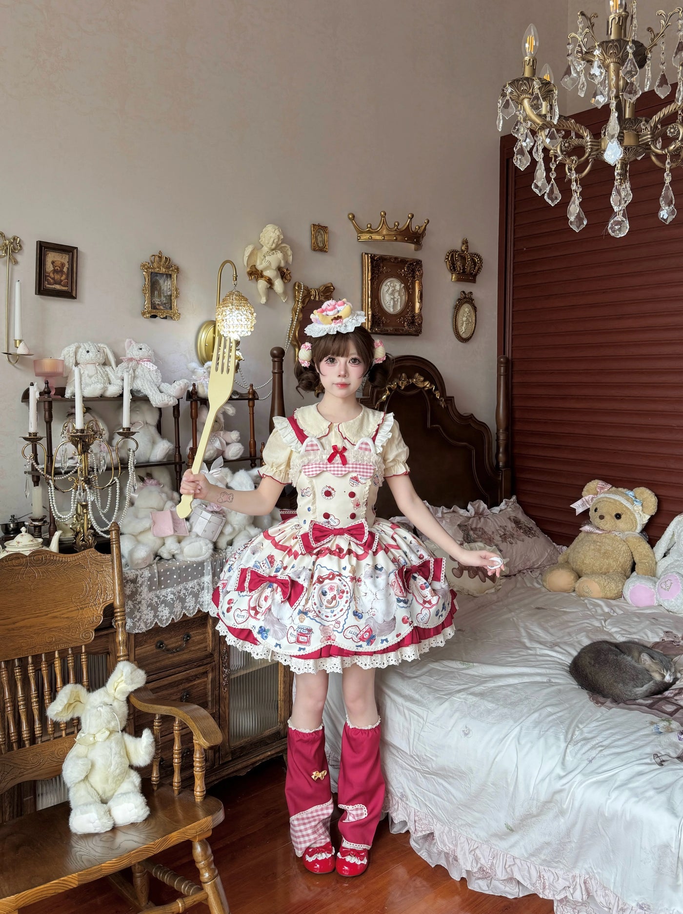 Fluffy Bunny Bubble Cake - Meow Meow Tea Party - Dessert-Print JSK Dress Set with Red Bows