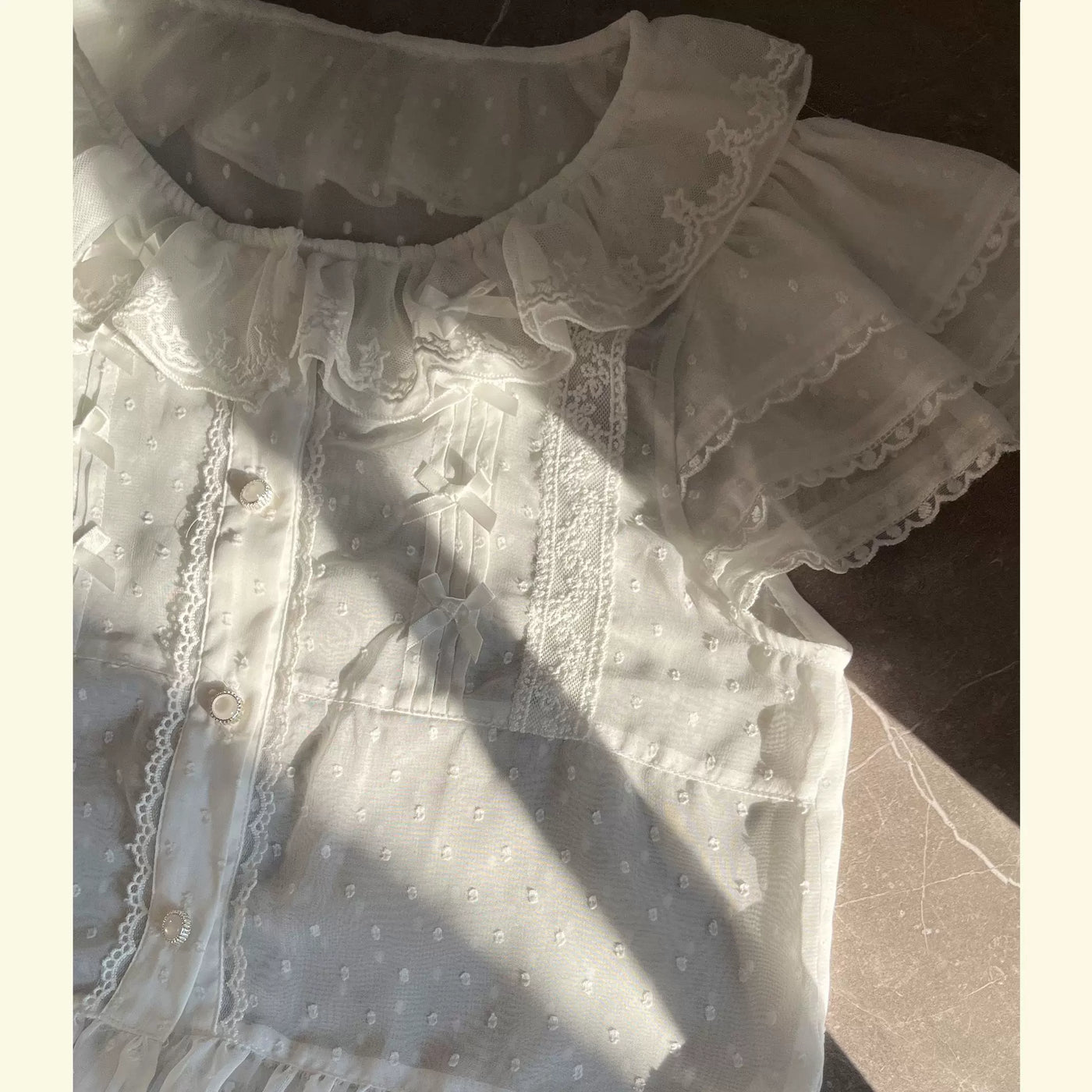 Sweetheart Dream Machine - Embroidered Dot Blouse - White or Ecru Lolita Blouse with Lace Ruffles and Bow Ties