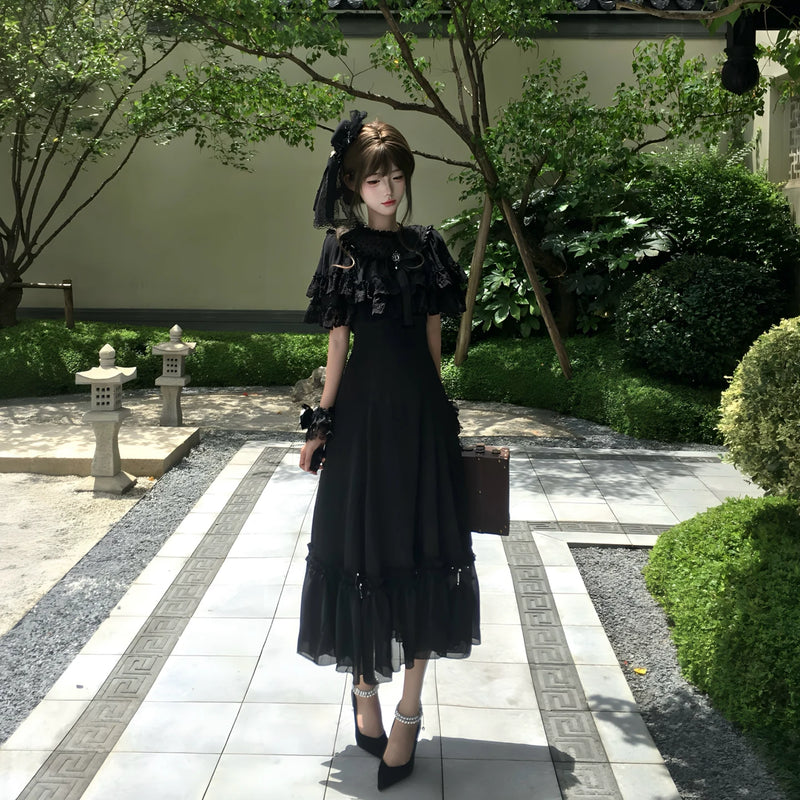 Aqua Dream - Yunxi - White and Black Classic Lolita OP Dress with a Defined Waist