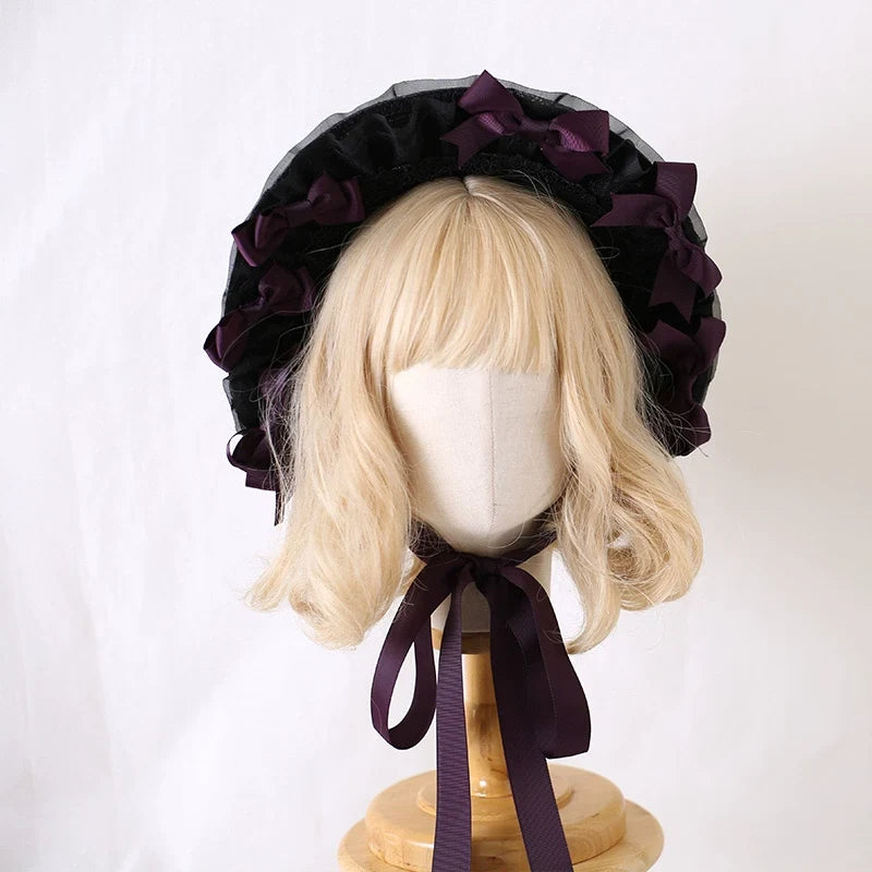 Xiaogui - Classic Lolita Lace Bonnet Hat - Detachable Bows Headwear