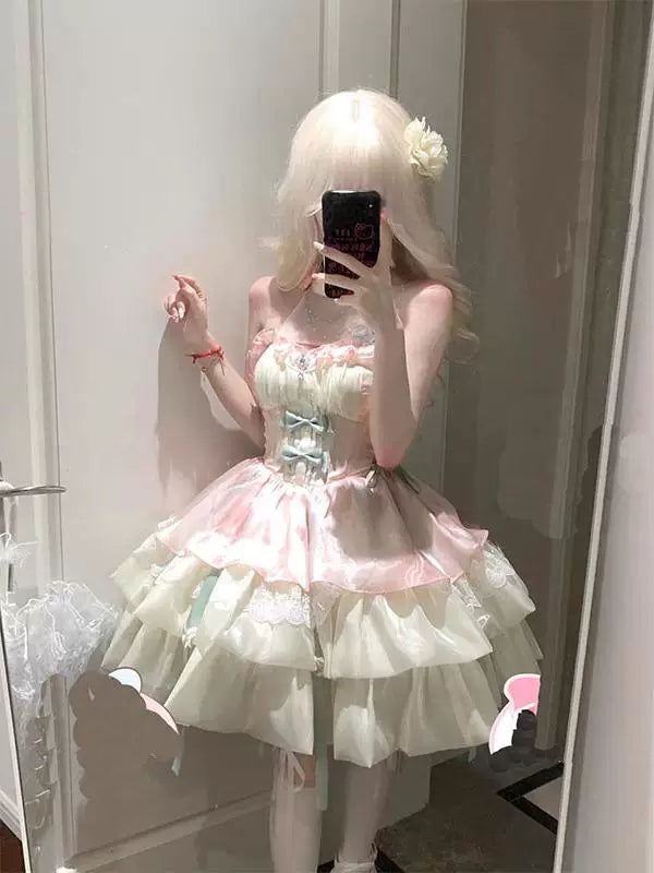 Pastel green halter-neck JSK with a tiered ruffled skirt in a mirror view