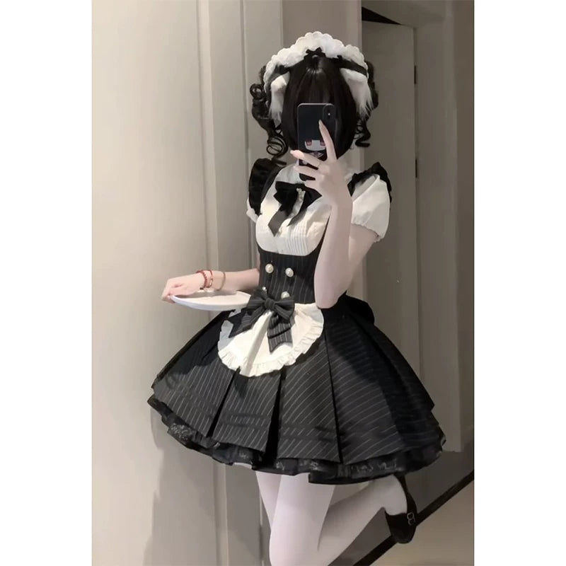 Creamy - Maid Stripe - Black-and-White Blouse and Dress Set with Bow Bib