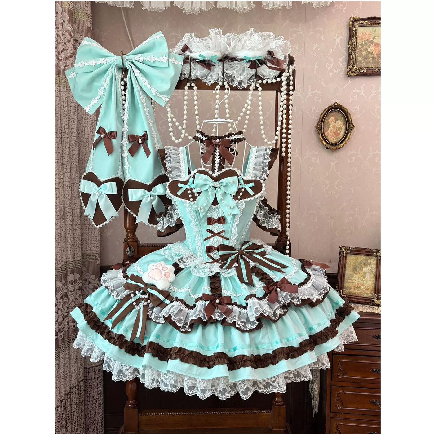 Creamy - Mint Chocolate - JSK full set with a train and lace trim