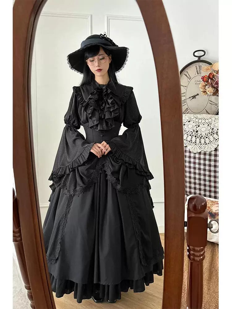 Creamy - Fishbone Gothic - Black Hime-Sleeve Blouse, Half Skirt and Bib Set